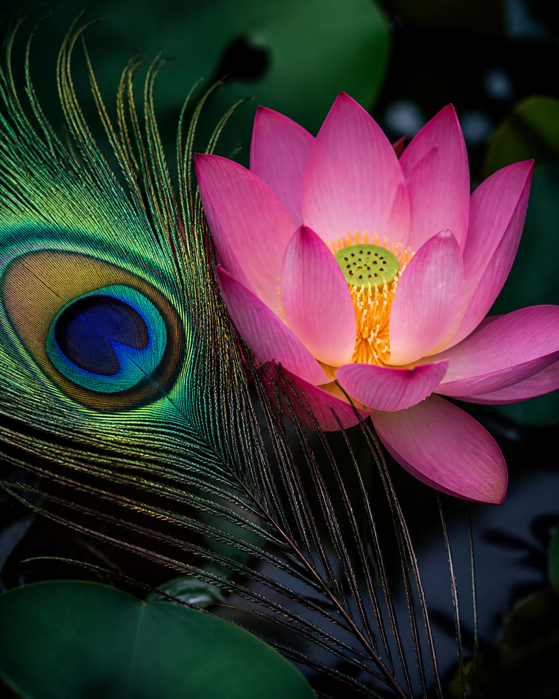 Iridescent peacock feather beside a pink lotus, representing nature-inspired design