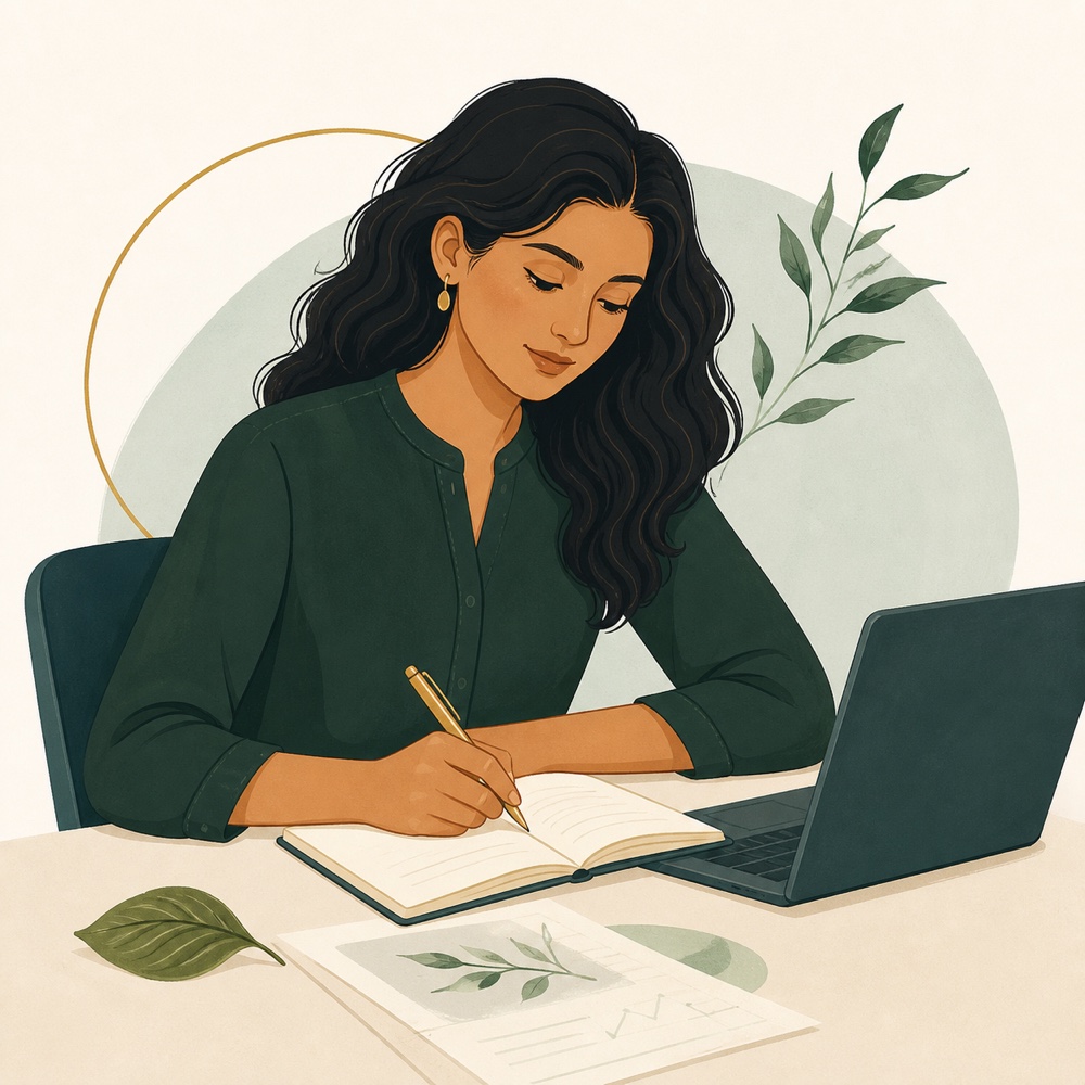 Editorial illustration of an environmental writer working with research notes and a laptop