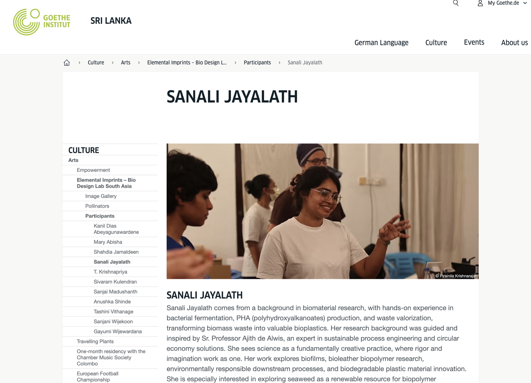 Preview of Sanali Jayalath's participant profile on the Goethe-Institut Sri Lanka website