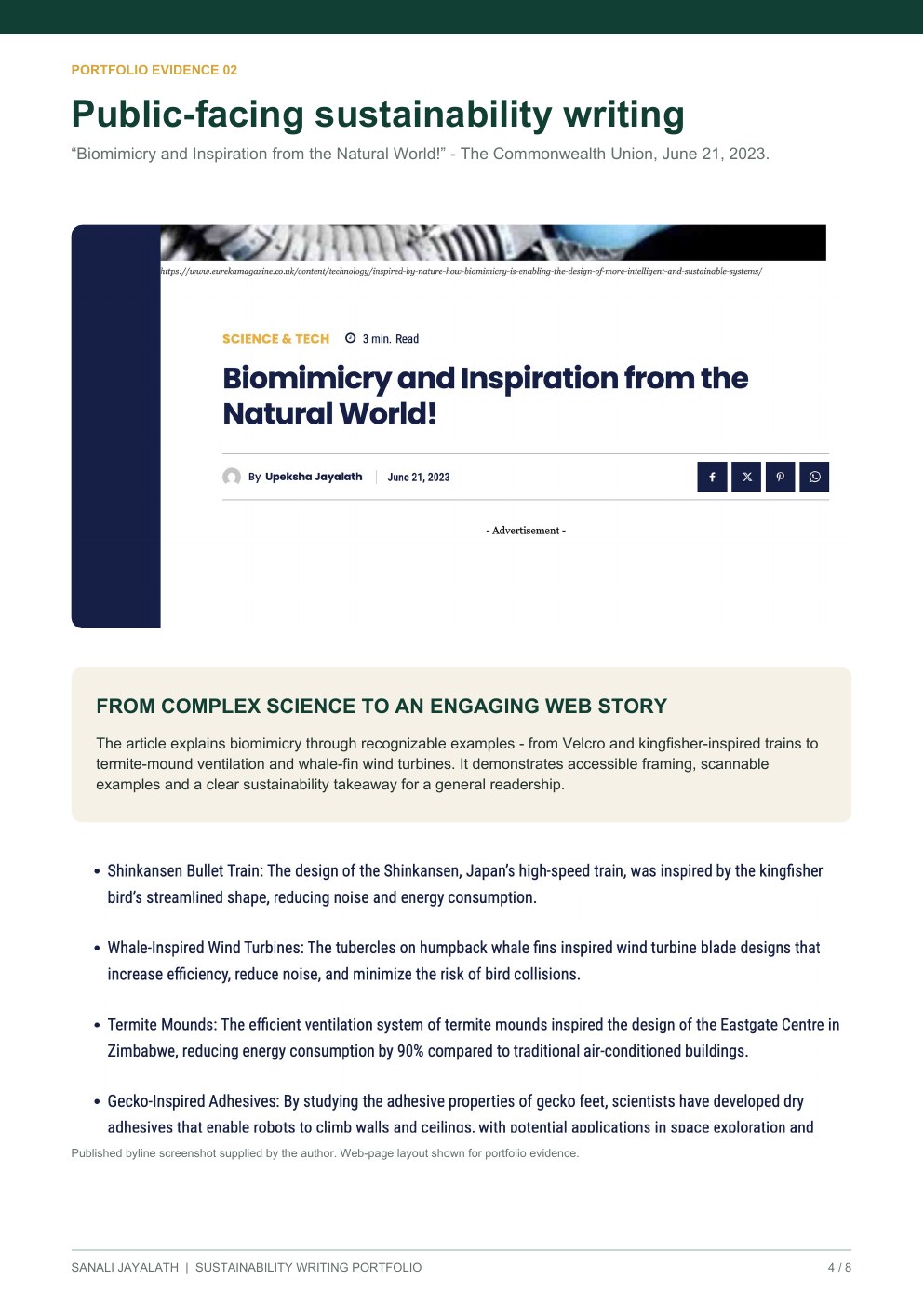 Page 4 of Sanali Jayalath's sustainability writing portfolio
